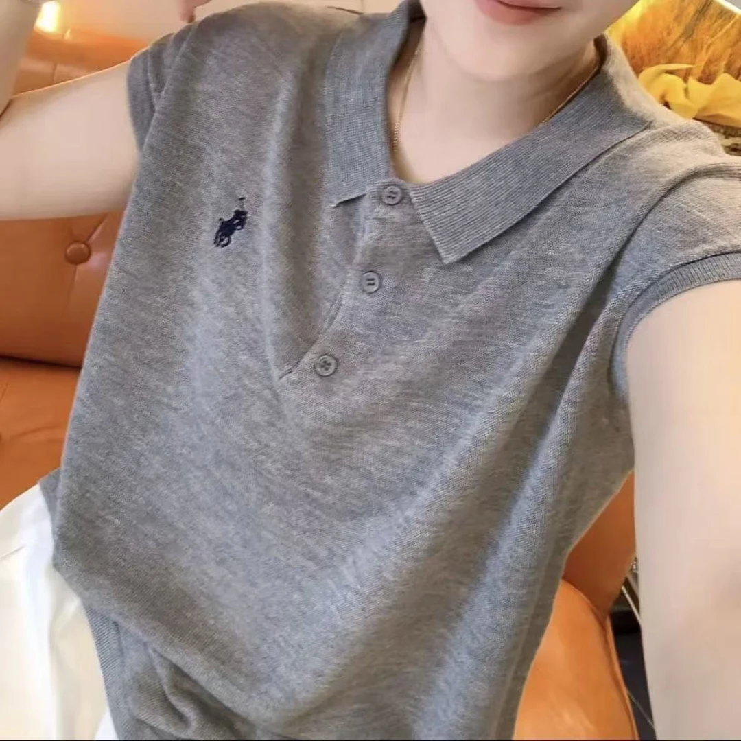 夏季高档砍袖小马刺绣纯色翻领遮肚显瘦洋气百搭衫T恤女减龄上衣