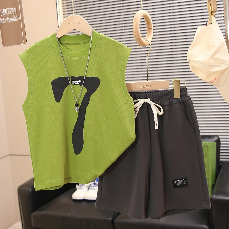 童装男童无袖套装2025新款儿童夏季薄款宽松坎肩两件套凉爽帅气潮