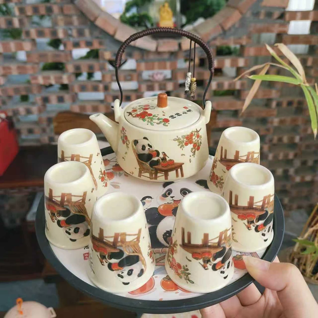 【陶制】熊猫喜柿事事如意提梁壶带六杯加茶盘功夫茶具泡茶套组