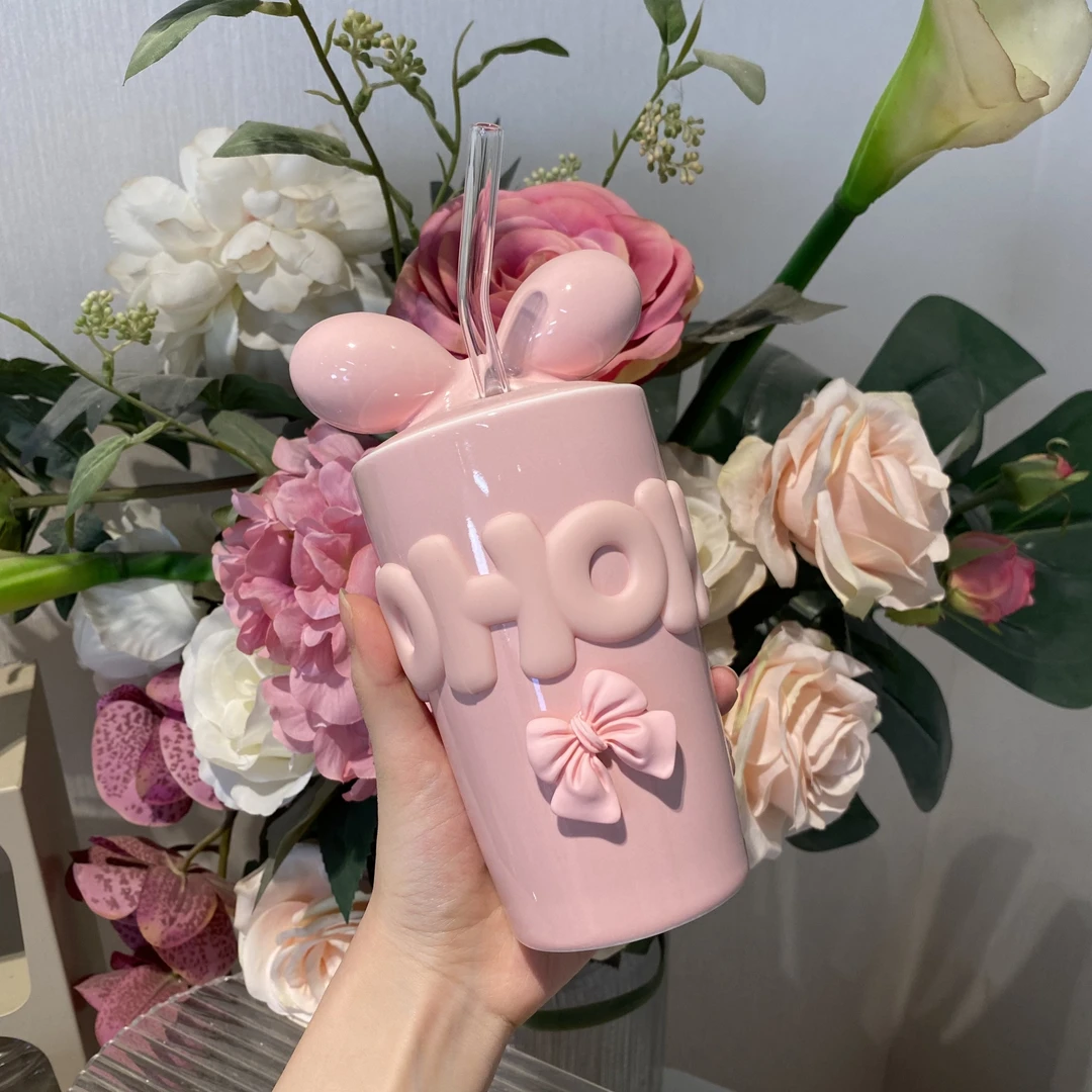 高颜值陶瓷仙女水杯车载粉色吸管杯水杯大容量带盖咖啡杯早餐杯子