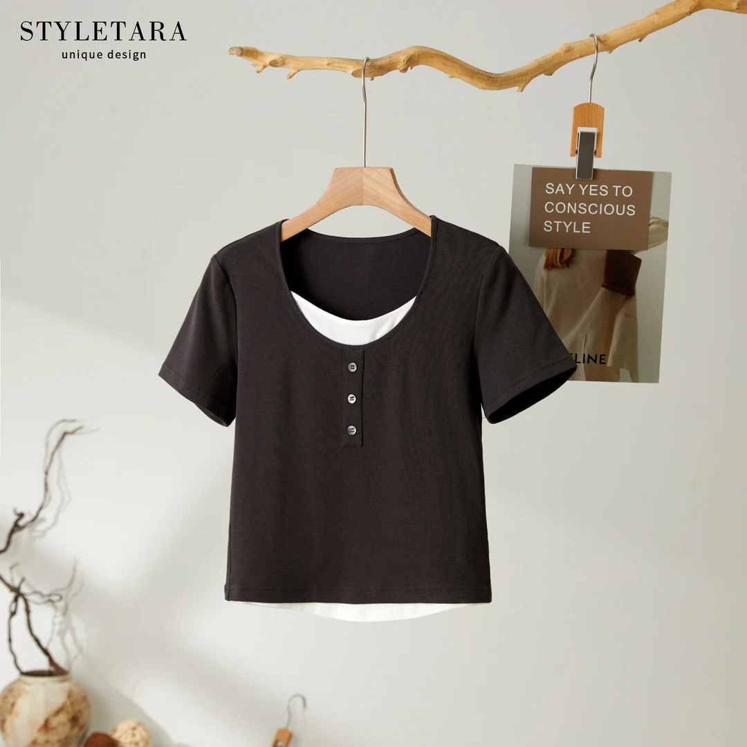 夏季女士拼色T恤12494女装时尚显瘦短款休闲百搭宽松小众纯色简约