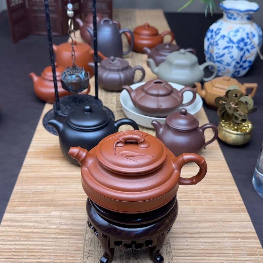 茶壶紫砂朱泥双线竹鼓200cc