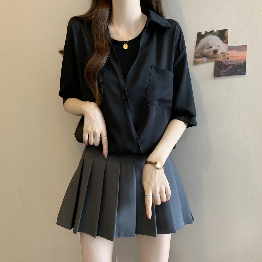 设计感假两件短袖衬衫女夏季微胖mm大码遮肚子显瘦百搭上衣打底衫