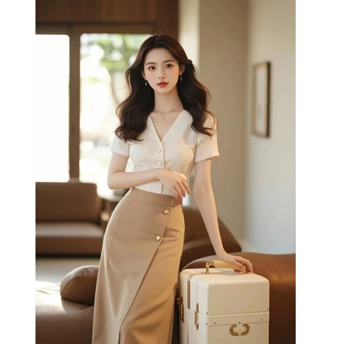 今年流行一整套韩系女夏装搭配漂亮温柔系显瘦短袖女小众套装裙