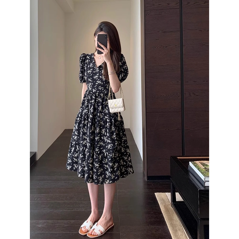 小个子印花裙收腰显瘦连衣裙2025年夏季新款时尚气质高级感裙子潮
