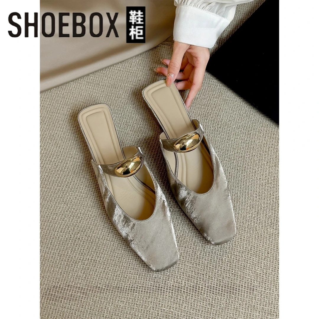 达芙妮集团鞋柜方头包头凉拖鞋女款2025年夏季粗跟无后跟半拖凉鞋