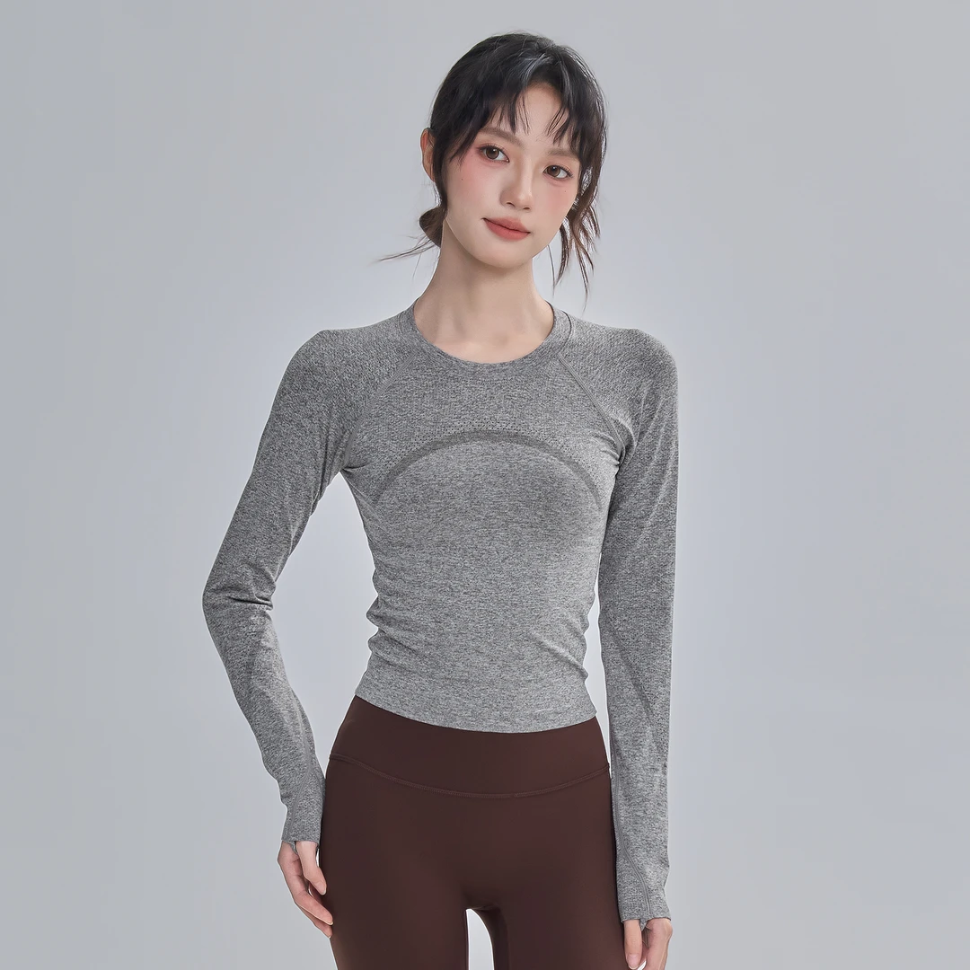 云端贝壳瑜伽服女显瘦圆领新款运动长袖跑步训练健身服上衣新