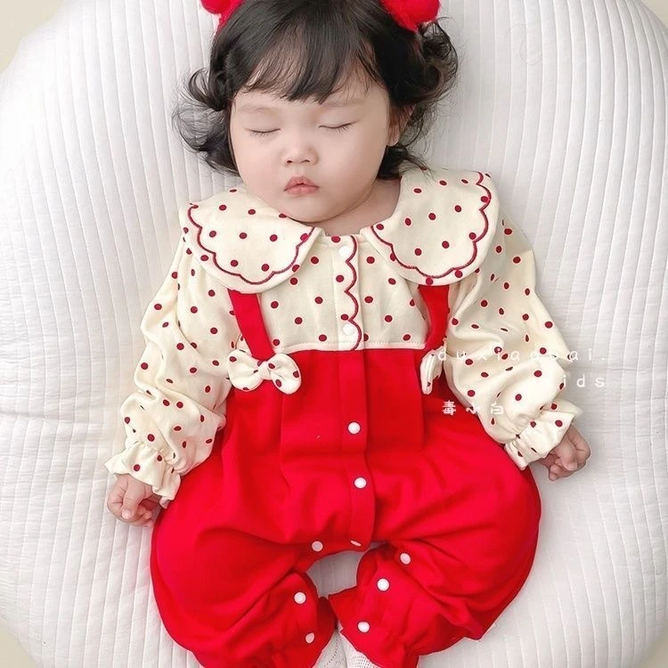 新款春秋女通用哈衣爬服韩版婴儿春装连体衣波点春秋装秋季长袖