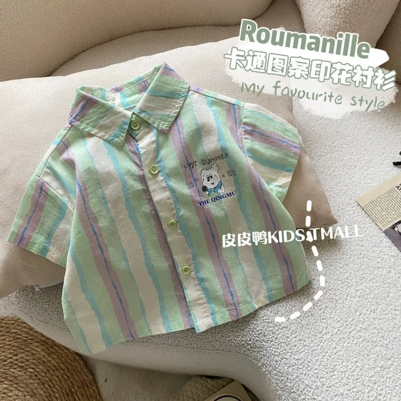儿童衬衫夏季新款男童韩版多巴胺彩条短袖上衣宝宝港风夏装衬衣潮