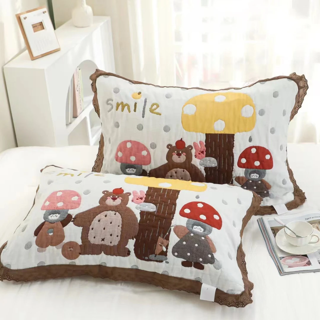 【蘑菇熊】52×78泡芙纱布枕巾一对装成人卡通柔软