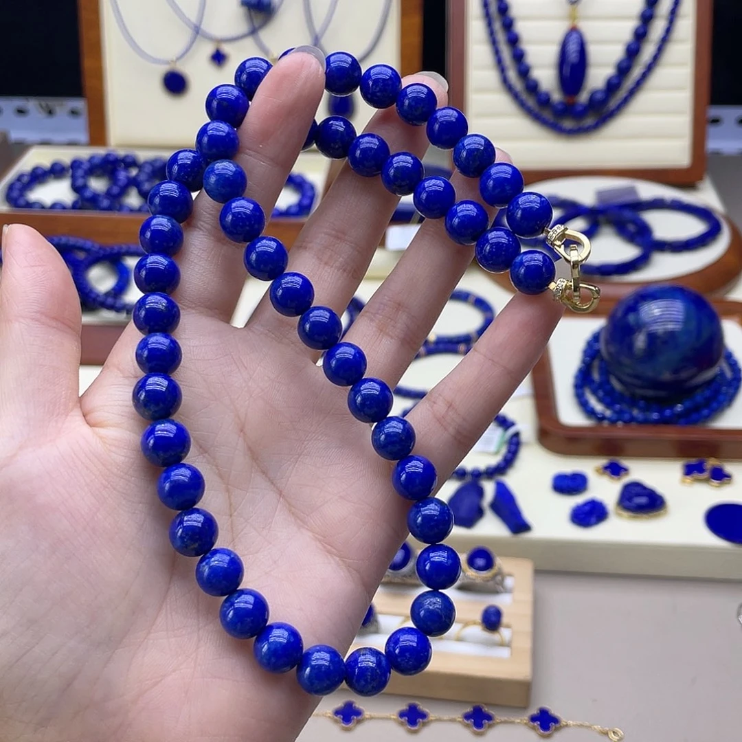 银S925镀金镶嵌青金石项链9mm精品