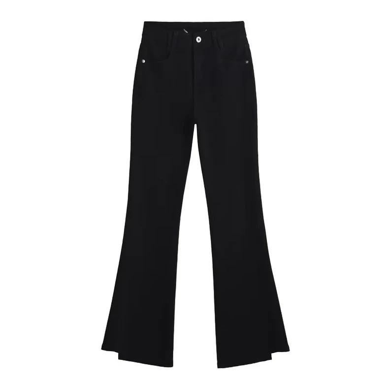 76189-小众设计，黑色微喇牛仔裤女弹力显瘦不规则下摆开叉流梳款