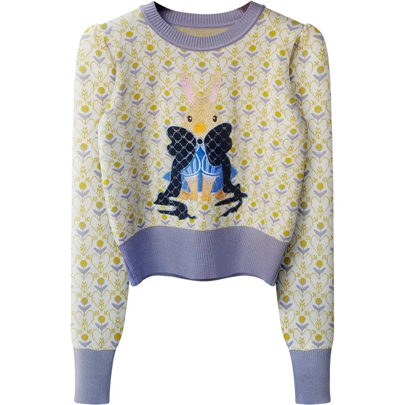 Z020 高级感兔子刺绣奶系毛衣女超好看保暖打底针织衫高腰上衣