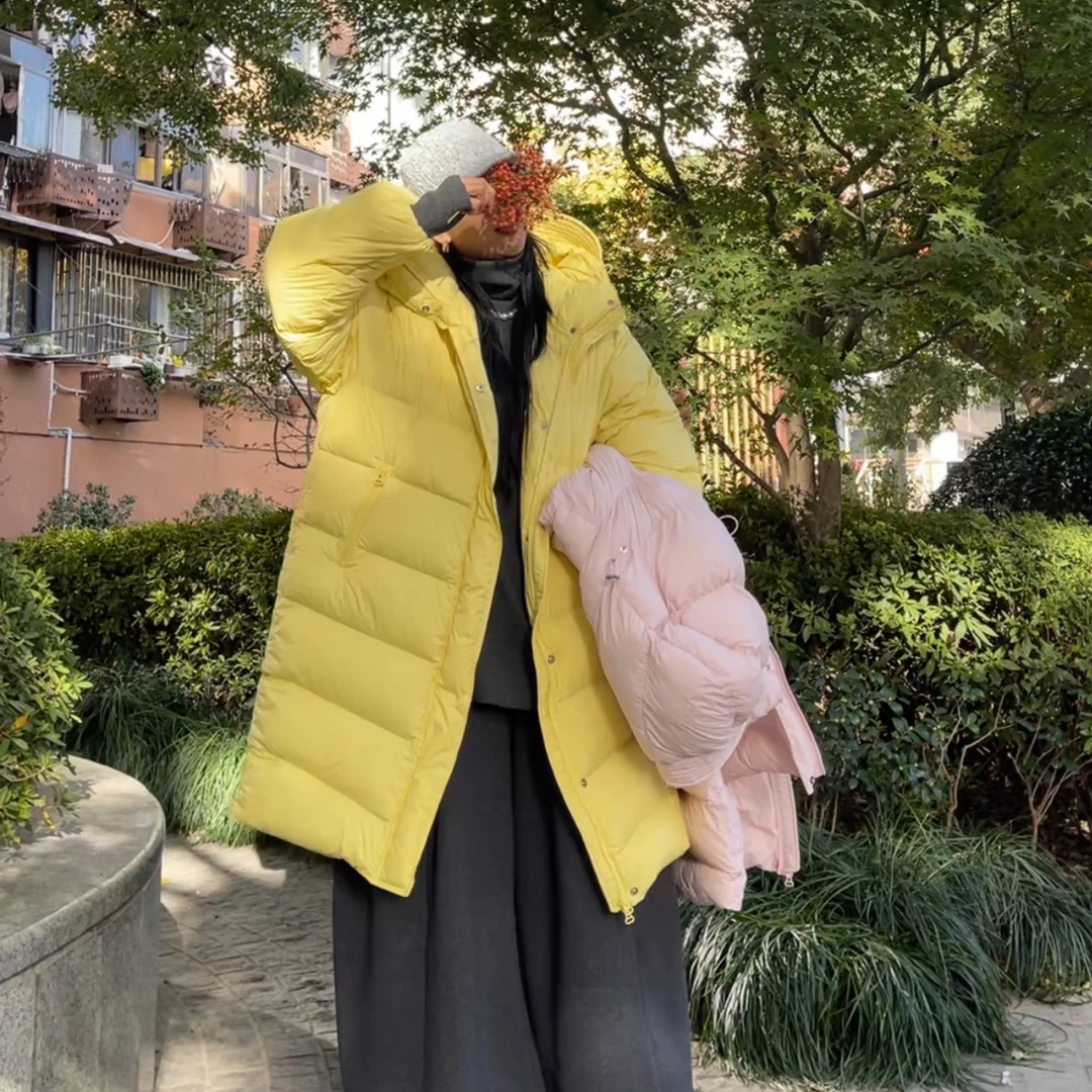 姚家彩色（花苞帽）中长款连帽韩版宽松90白鸭绒冬季