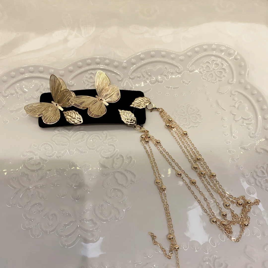 A289黑色丝绒立体蝴蝶流苏掰掰夹