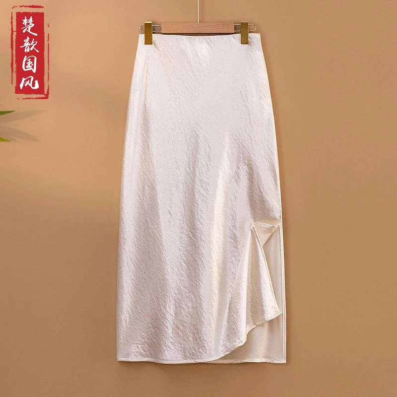 【辰泽】2025新款春季松紧腰A字裙新中式国风纯色显瘦气质半身裙女