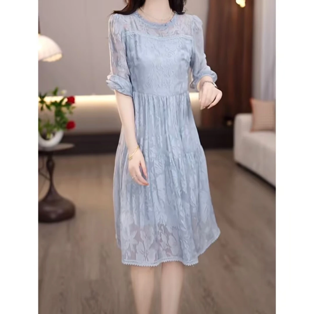 2025秋款时尚显瘦修身气质清甜温柔清新浪漫中长款连衣裙M-4XL