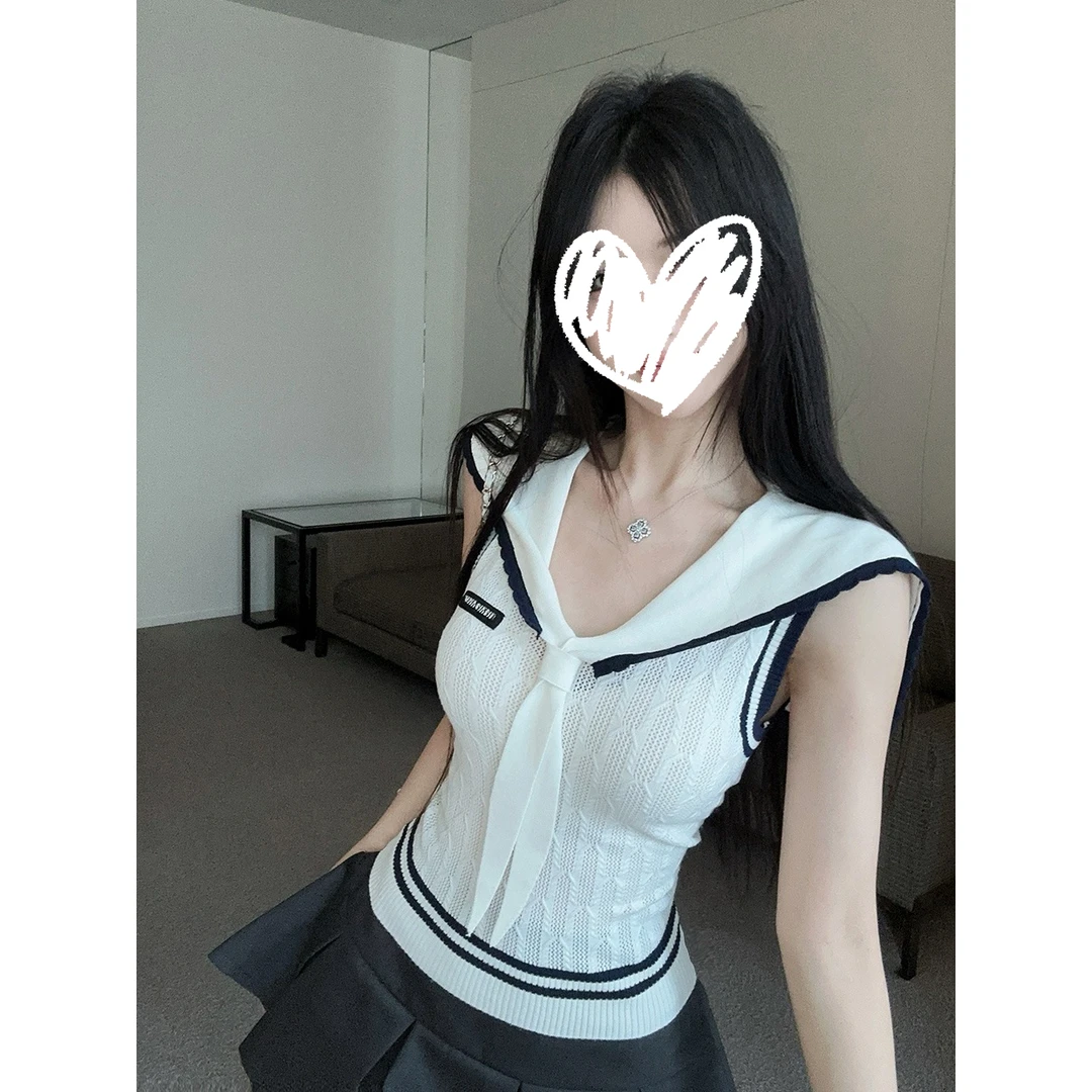 学院风海军领针织马甲背心女2025夏季新款纯欲甜辣妹绝美无袖上衣