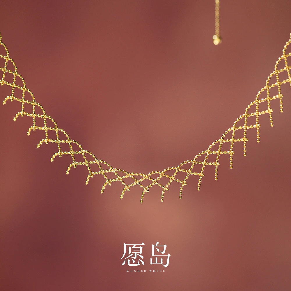 愿岛 链子925银 法式气质时尚风小众金色睫毛蕾丝锁骨项链XL2370