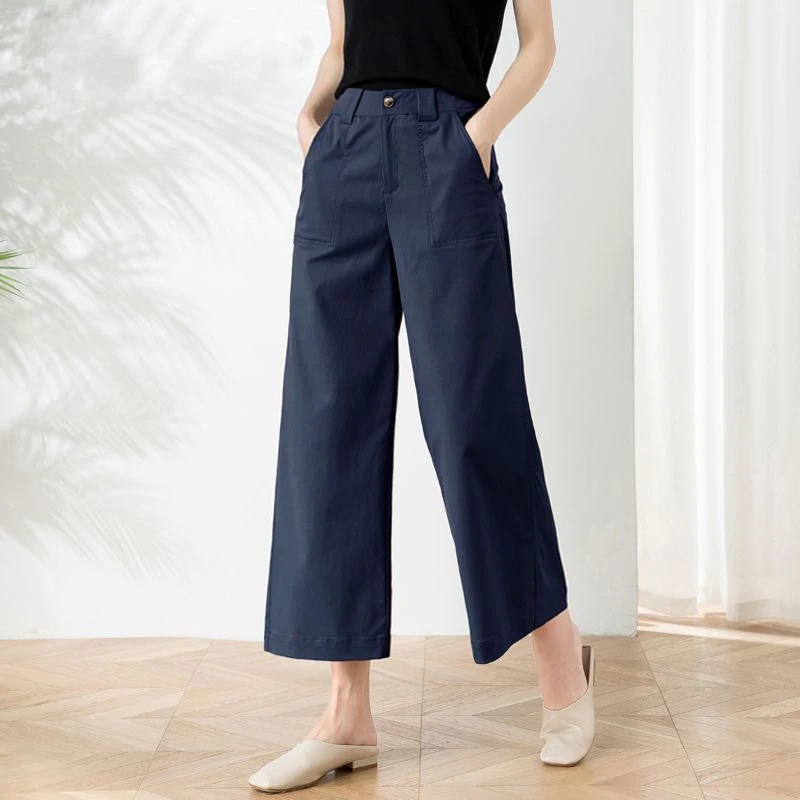 藏蓝色阔腿裤女2025春秋新款纯棉高腰宽松显瘦九分直筒休闲西装裤