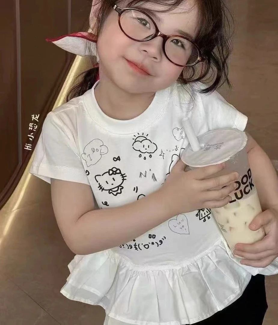 女童装可爱卡通 Hello Kitty 印花短袖荷叶边裙摆 T 恤