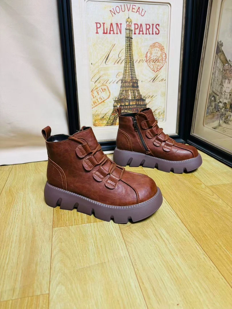 真皮厚底马丁靴秋冬英伦风加绒短款靴时尚软底百搭松糕底