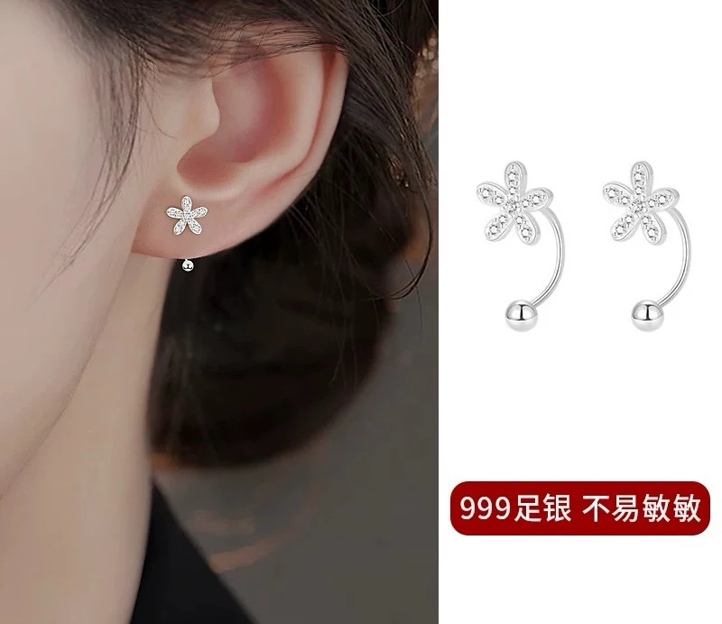 足银耳饰 999足银后挂花朵耳轻奢小众设计2024新款爆款纯银耳饰女