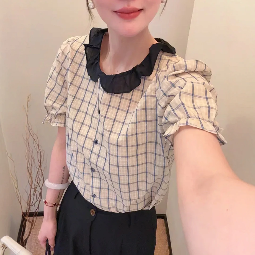 韩系设计感娃娃领格子短袖衬衫女2025年夏季新款时尚减龄短款小衫