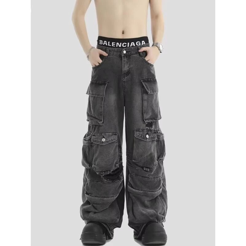 2025重磅潮流国潮牌情侣美式重工磨破多口袋牛仔裤宽松阔腿长裤子