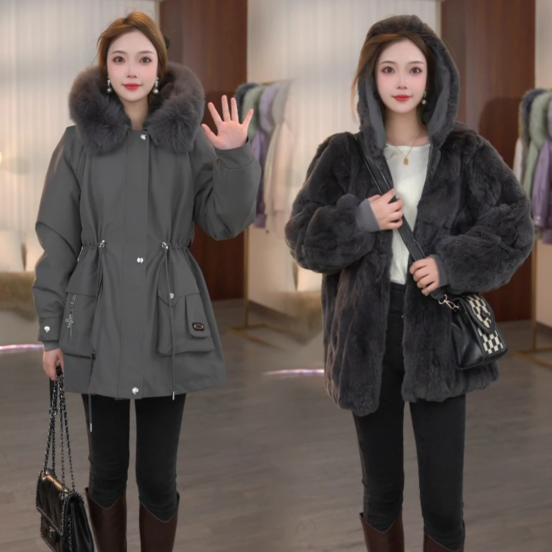 【温香玉獭兔+毛袖】新款一衣三穿可拆卸加厚女款派克