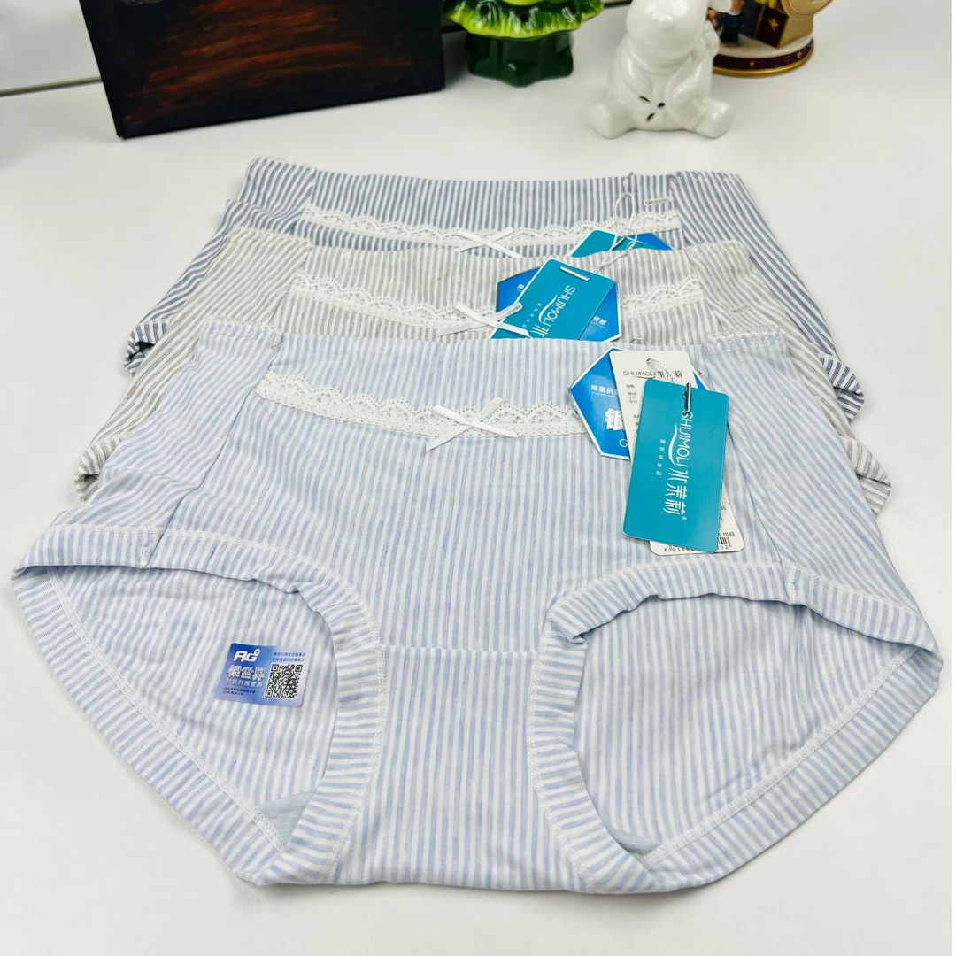 水茉莉·特惠4条装环保条纹抗菌透气简约条纹中腰花边三角内裤