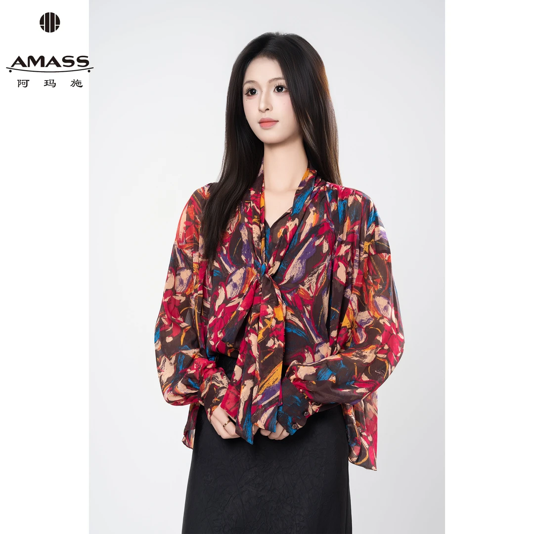 AMASS/阿玛施早秋新款复古法式印花设计轻奢时尚百搭衬衫女530020