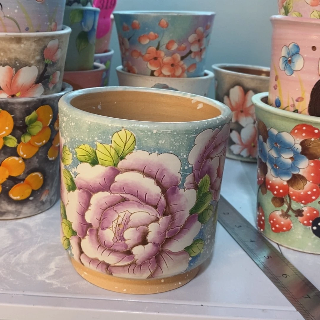 紫砂花盆暖*。红陶手绘花盆