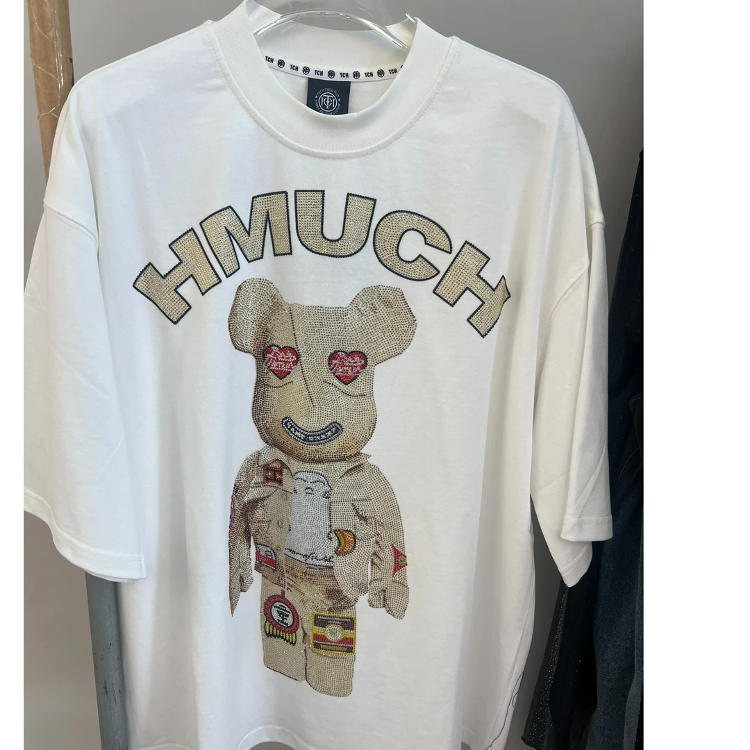 潮牌-时尚潮流重工烫钻小熊图案休闲T恤T69C10E6005