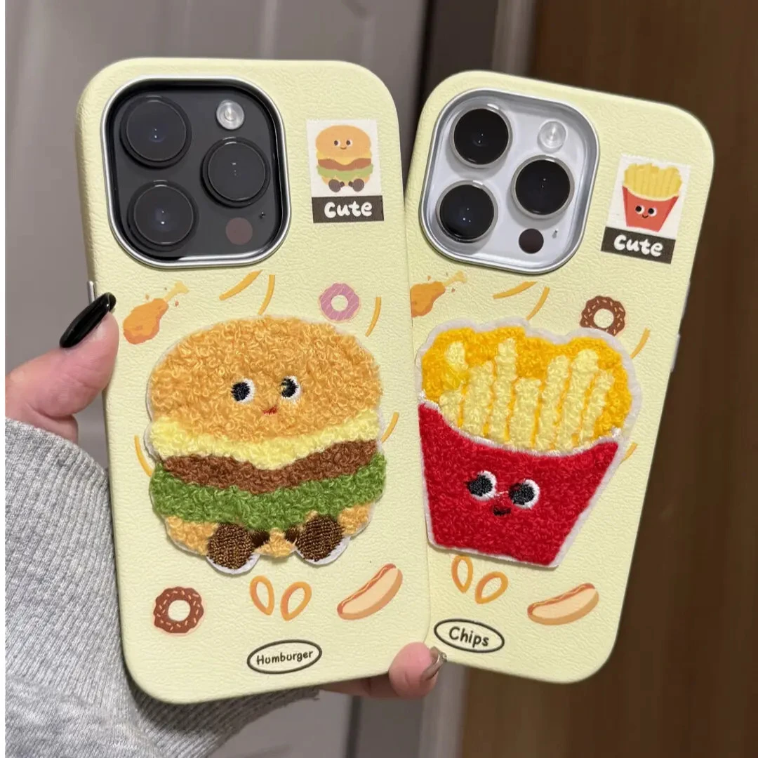 汉堡表情毛毡薯条黄底适用苹果16pro手机壳创意iPhone15/14创意13