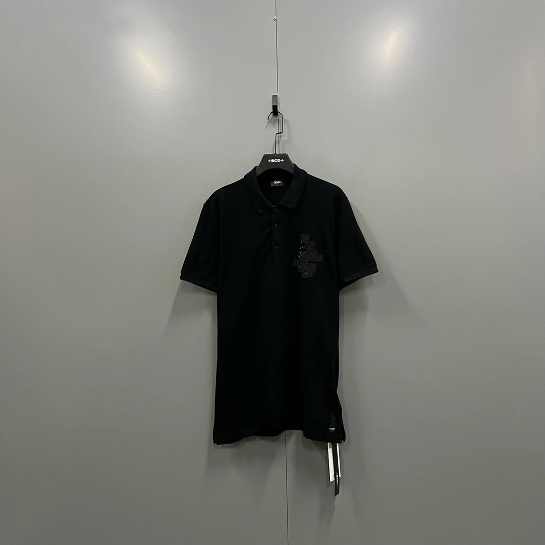 95新 FENDI/芬迪 yyy 黑色水钻FF翻领polo衫 XXL码/015726