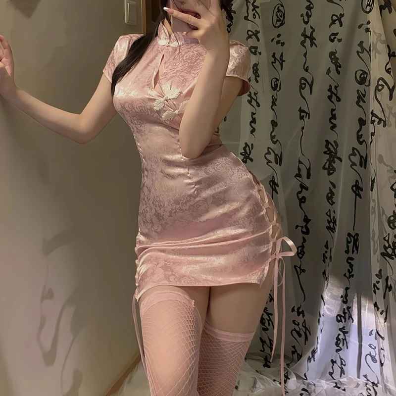 纯欲复古蕾丝提花性感古典旗袍制服气质包臀睡衣火辣显瘦修身时尚