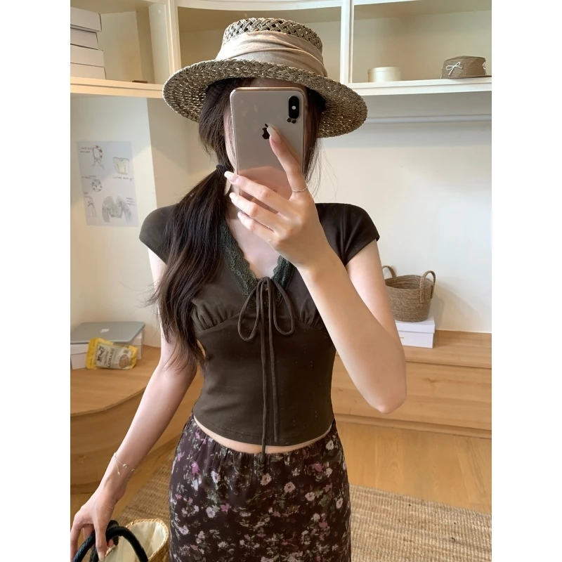韩11bm纯欲蕾丝边v领短袖上衣女蝴蝶结系带修身显瘦辣妹短款T恤夏