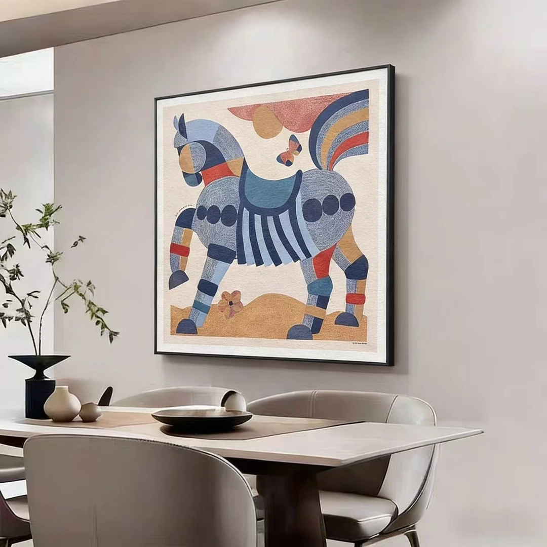 蓝现代艺术轻奢骏马高级感客厅装饰画沙发背景墙挂画8080