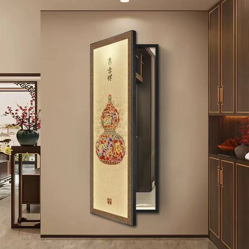包安装-葫芦玄关全身镜装饰画百福图翻开可关闭隐形穿衣镜壁画