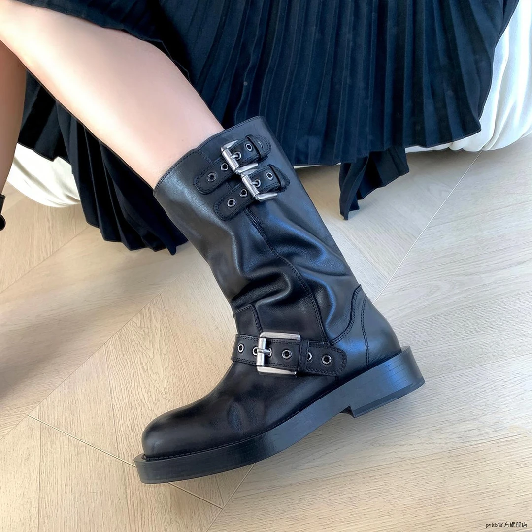 牛皮版！复古圆头显瘦瘦瘦靴秋冬新款千金鞋子名媛风皮带扣短靴