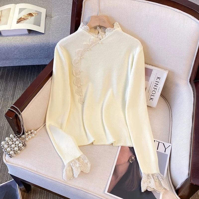 新中式轻国风打底衫女立领内搭盘扣毛衣针织衫蕾丝拼接上衣冬