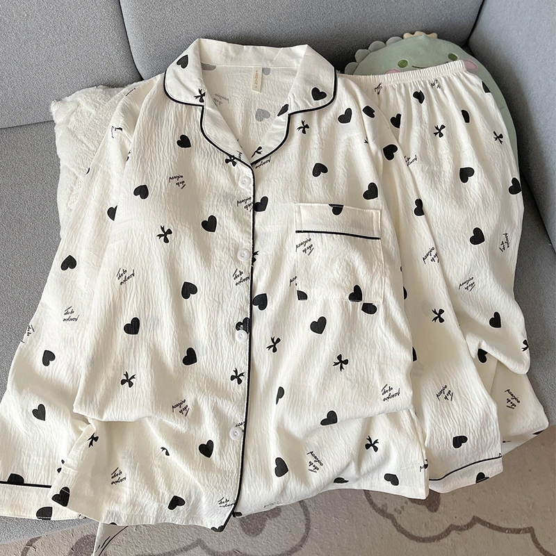 春秋季新款长袖睡衣女士简约爱心长裤两件套装宽松家居服韩版高级