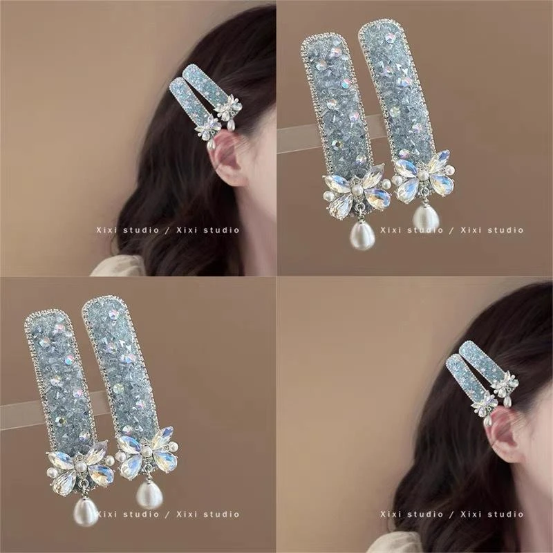 风情蓝调！轻奢蝴蝶珍珠吊坠发夹！高颜值水钻边夹盘发器精致发卡