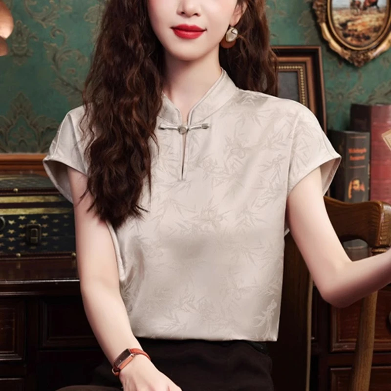 短袖衬衫立领印花新中式女装提花复古夏季包袖女上衣改良旗袍短袖