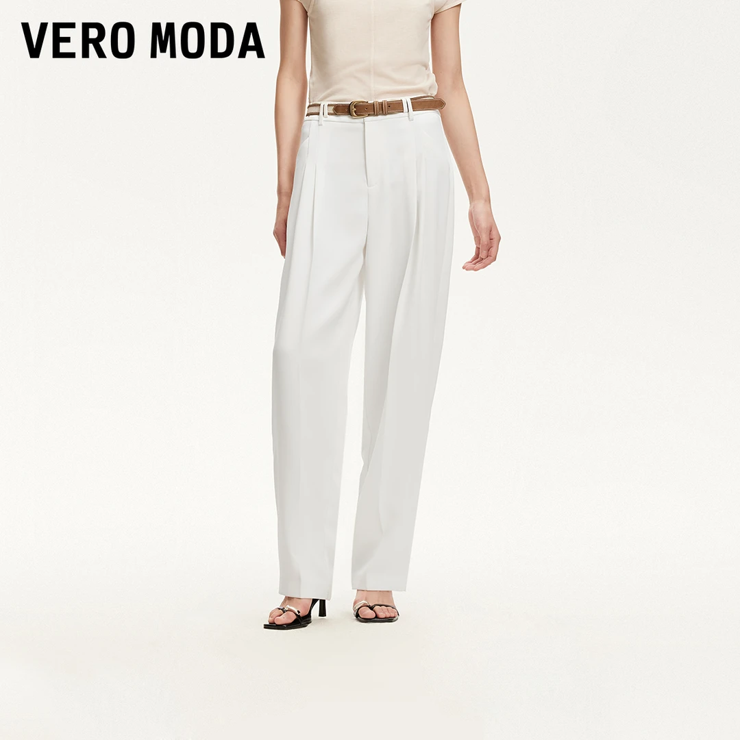 Vero Moda休闲裤女2025夏新款卡扣腰头捏褶设计直筒裤洋气高腰