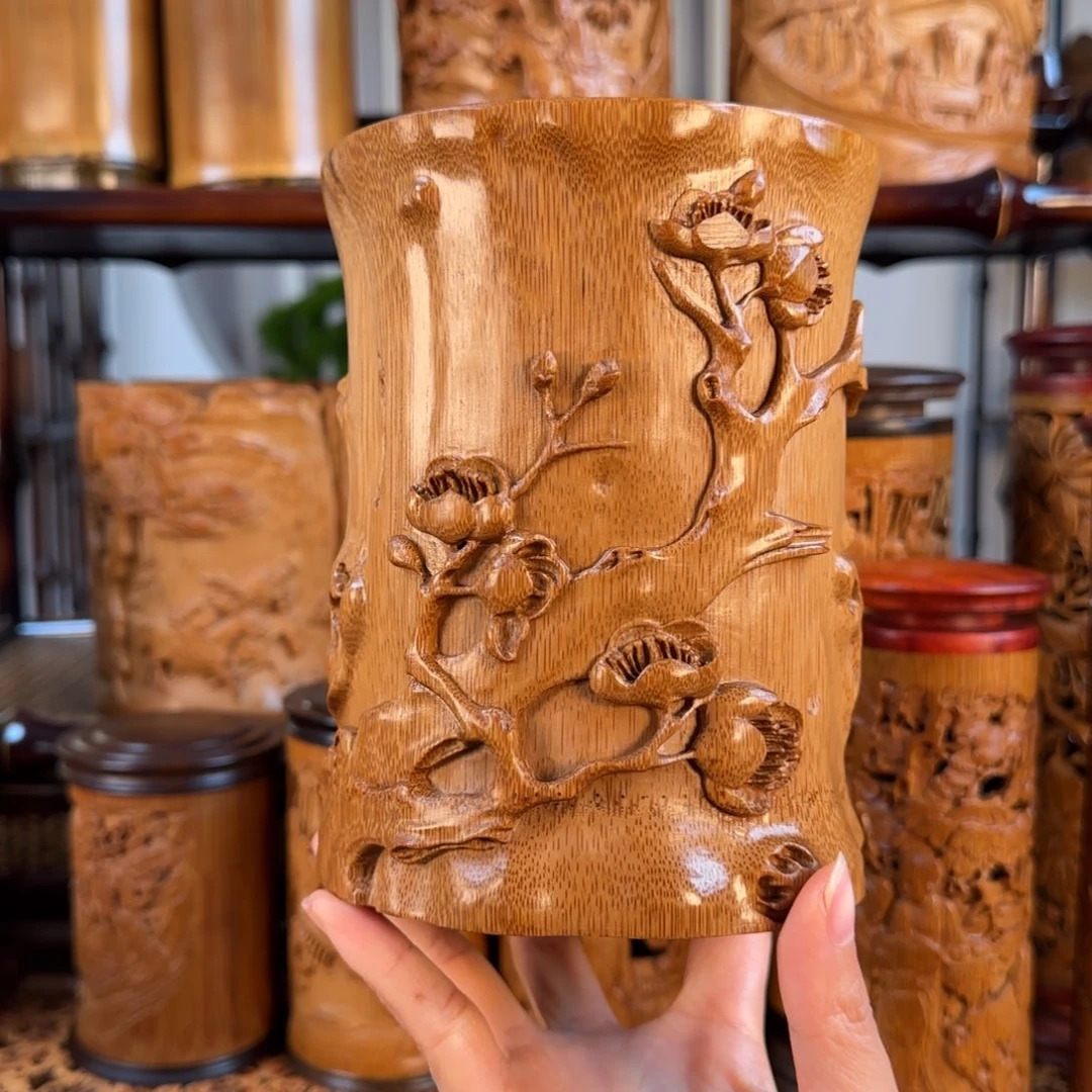 香榧木梅花笔筒手工