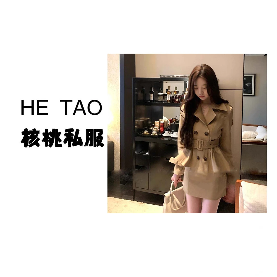 【核桃】【两件套】【有里布送腰带】卡其双排扣外套春秋+裙子JT0067