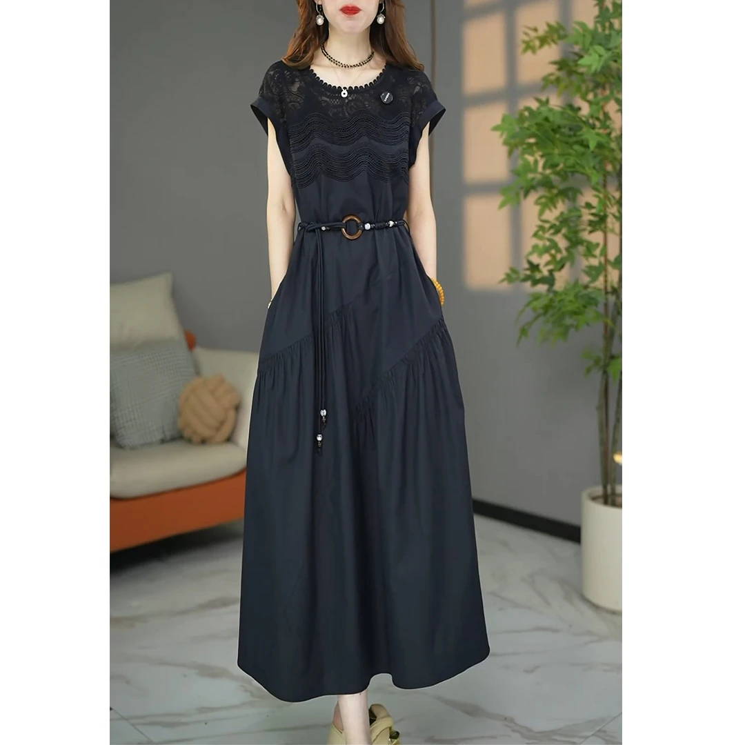 蕾丝拼接优雅收腰气质连衣裙2025夏季新款百搭时尚洋气短袖中长裙