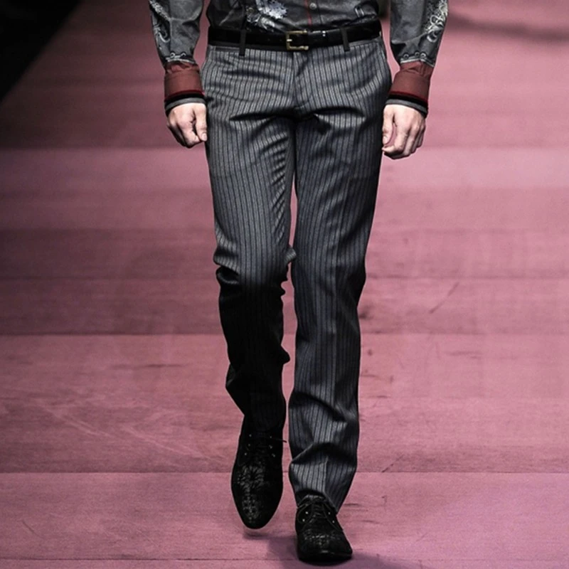 男士休闲裤长裤绅士秋季新品欧美秀场修身条纹商务免烫中腰西装裤